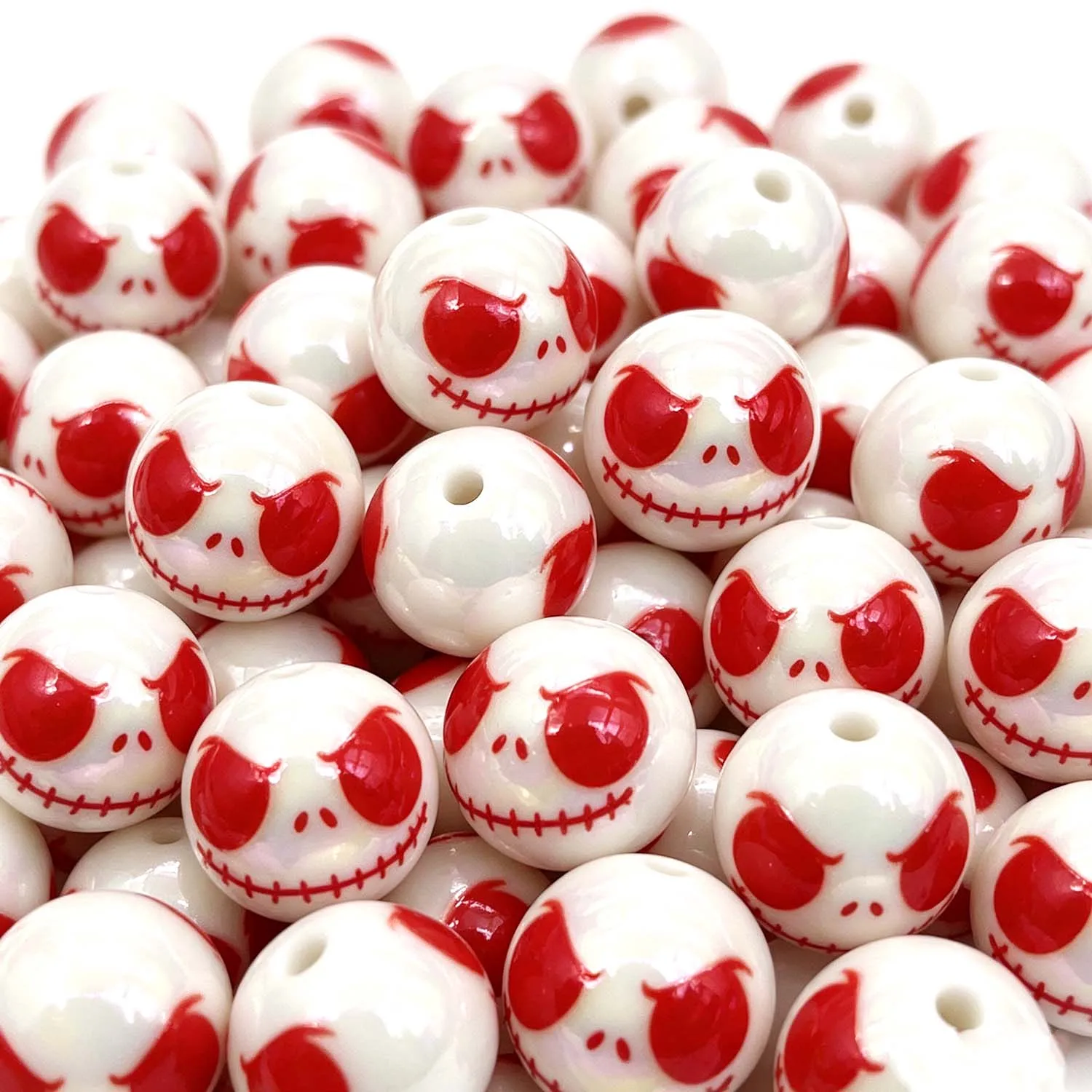 5/10pcs 16mm Acrylic Halloween Decorative Beads, White UV Printed Terrifying Grimace Loose Bead for DIY Jewelry Making Accessory