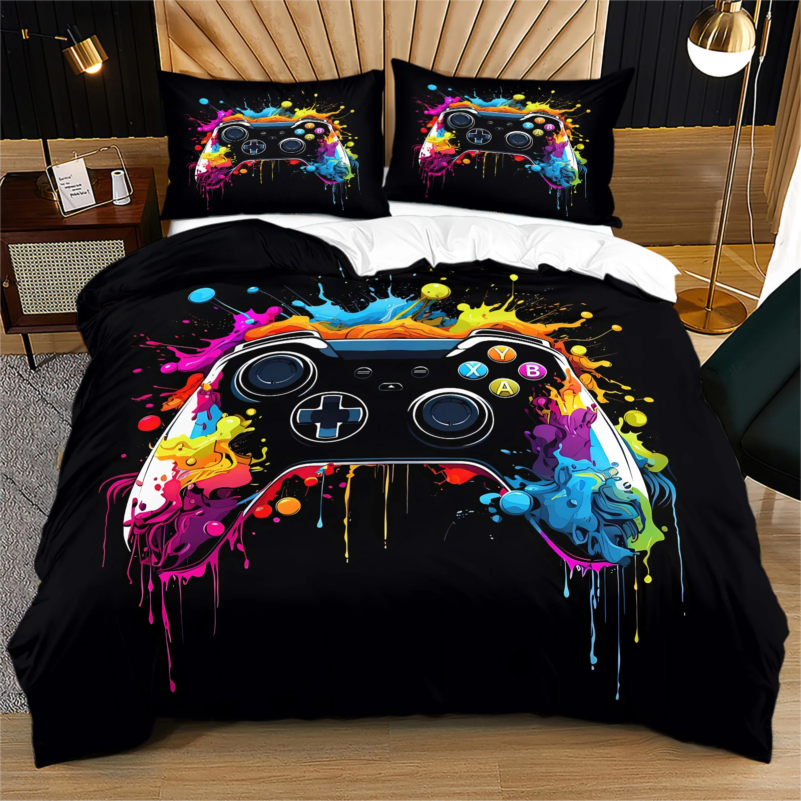 Game Controller Duvet Cover Set Colorful Graffiti Gamepad Bedding Set Soft Polyester Quilt Cover with Pillowcase Home Decor