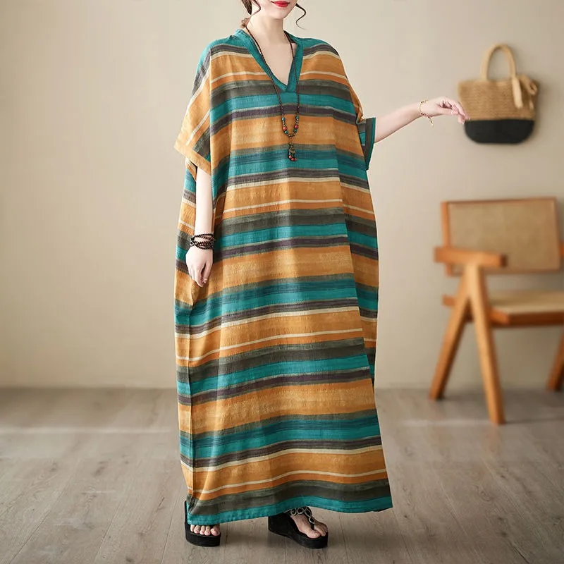 Large Size Loose Cotton and Linen Vacation Style Long Dress Streak Beach Dresses Female Home Dress Sleepwear Women