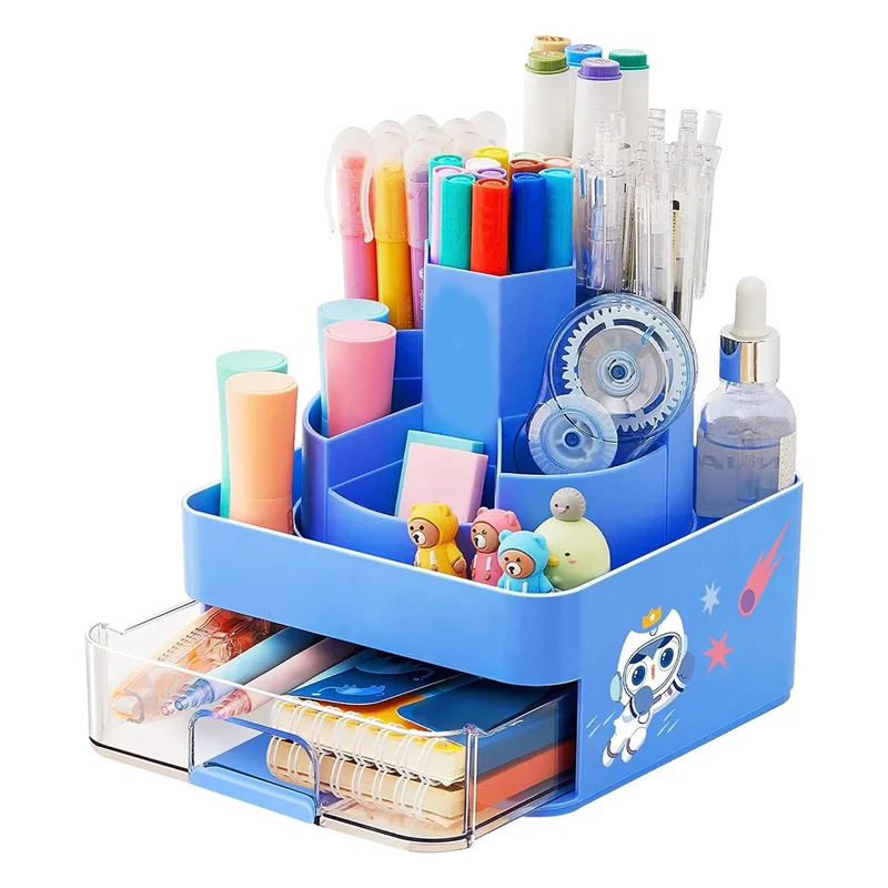 Rotating Pen Pencil Holder Desk-Organiser -Pencil Pots Makeup Brush Holder with 11 Compartments for Home Blue