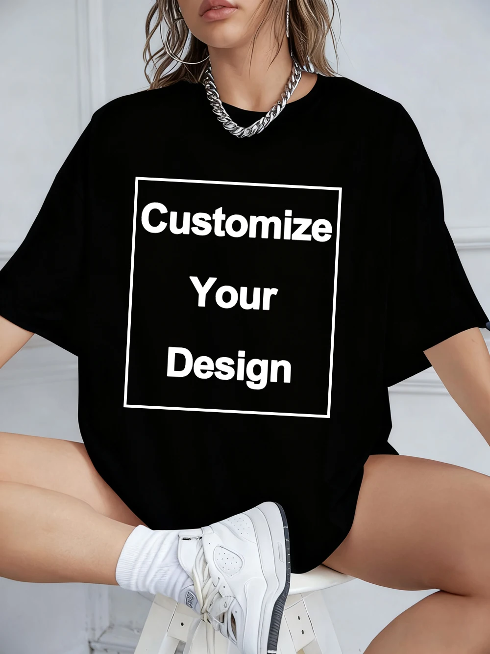 Custom Logo Text Womens Cotton T-Shirts O-Neck Oversized T Shirt Street DIY Pattern Tee Casual Short Sleeve Tops Woman Clothing