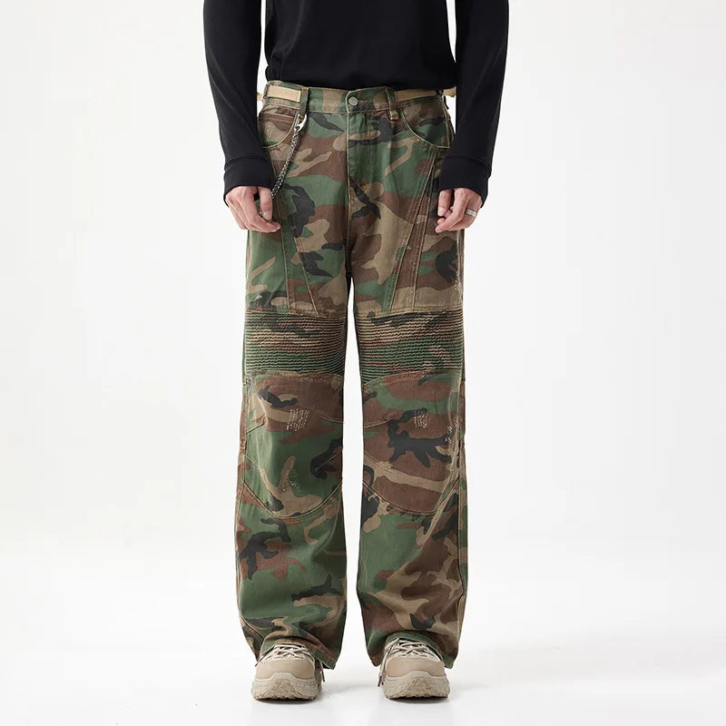 American Style High Street New Fashion Men Camouflage Wide Leg Straight Simple Basic Casual Trendy Daily Cargo Denim Trousers