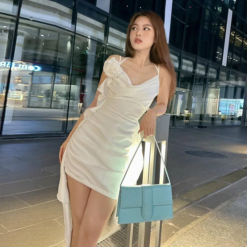 

Women's White Ruffle Mini Dress Elegant Spaghetti Strap Slim Party Dress Sexy V-neck Backless Vacation Club Outfits Summer New