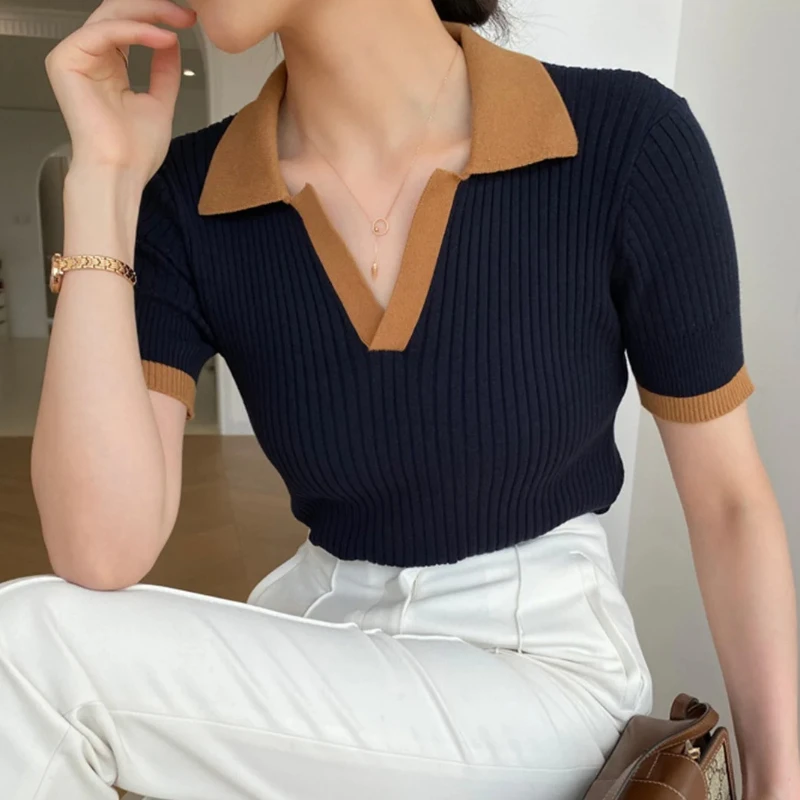 Short Sleeve Polo Neck Knitted Tops Women Lightweight Knitted Sweater Polo Shirts Elegant Office Lady Casual Chic Outfit