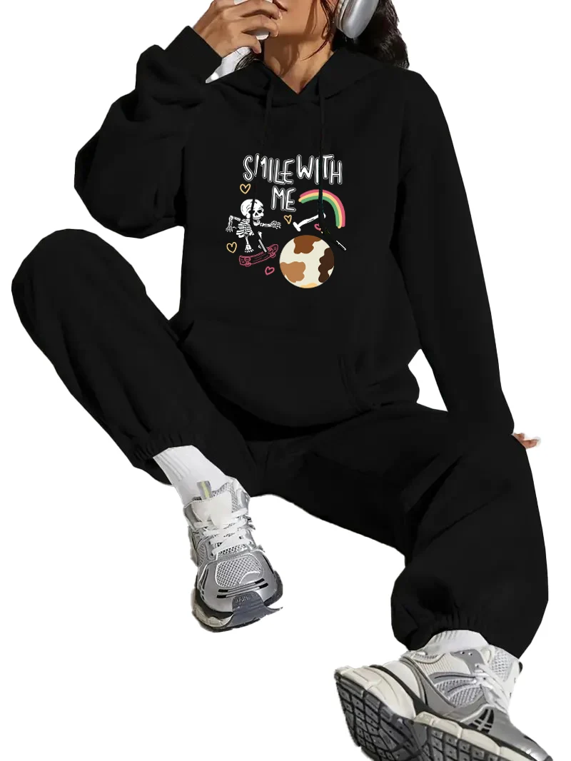 Halloween Sports Ghost hooded tracksuit, women's long-sleeved hoodie and sweatpants 2 sets comfortable women's clothing