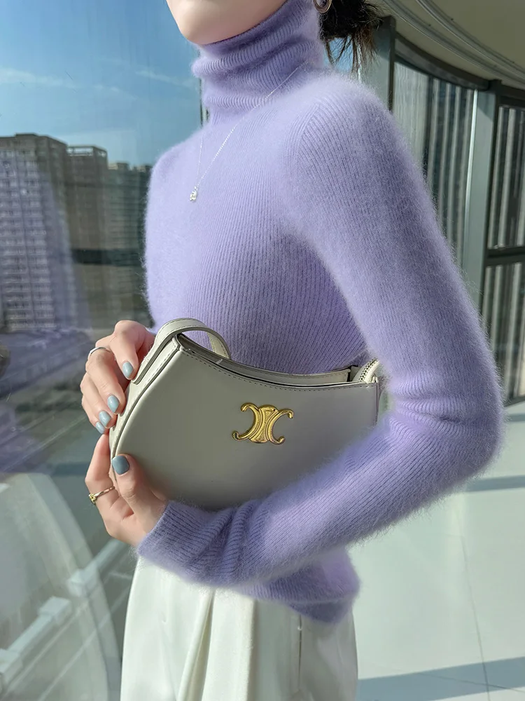 

TLOML Women 100% Mink Cashmere Sweater Turtleneck Pullover Basic Layer Knitwear Autumn Winter Slim Basic High Strecth Comfy Tops