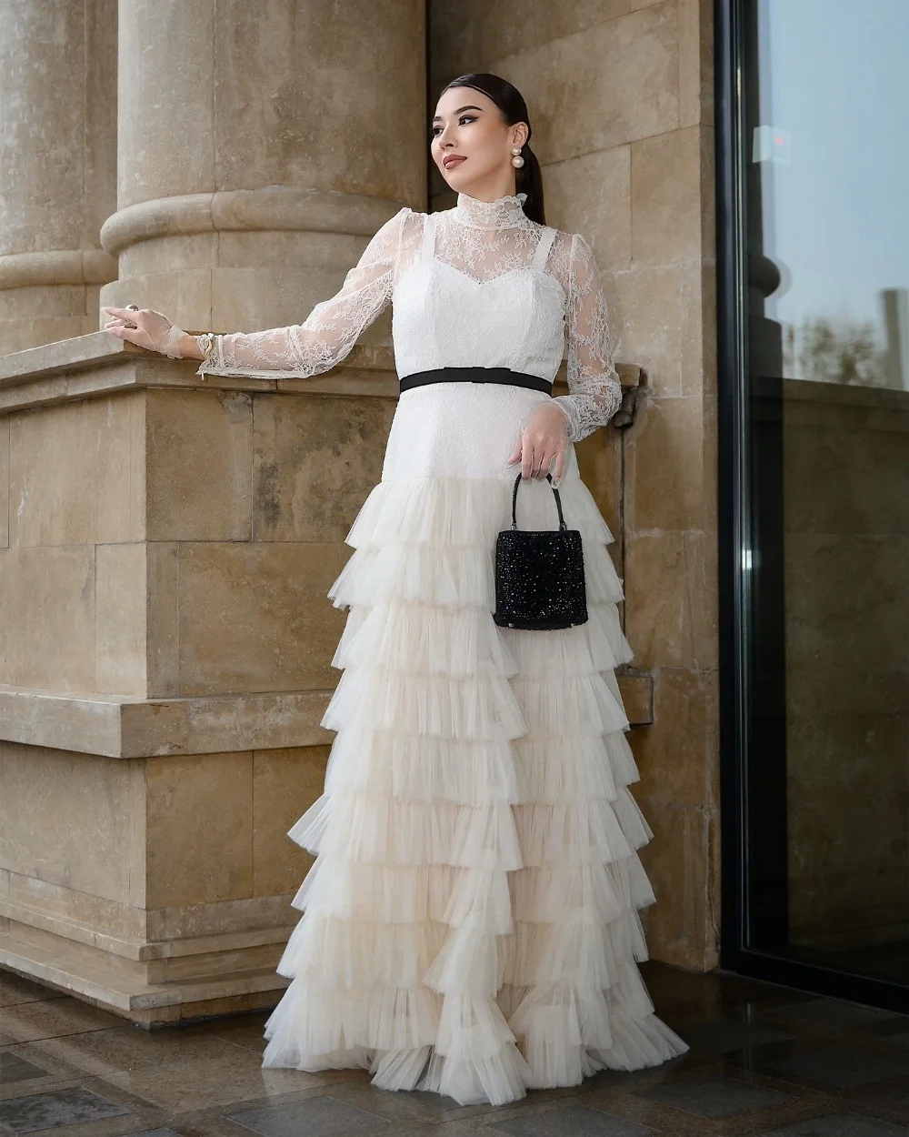 تخصيص مطابقة رائعة تول الطية المتدرج وشاح الدانتيل ألف خط عالية الياقة فساتين طويلة مخصصة فساتين المناسبات الموضة