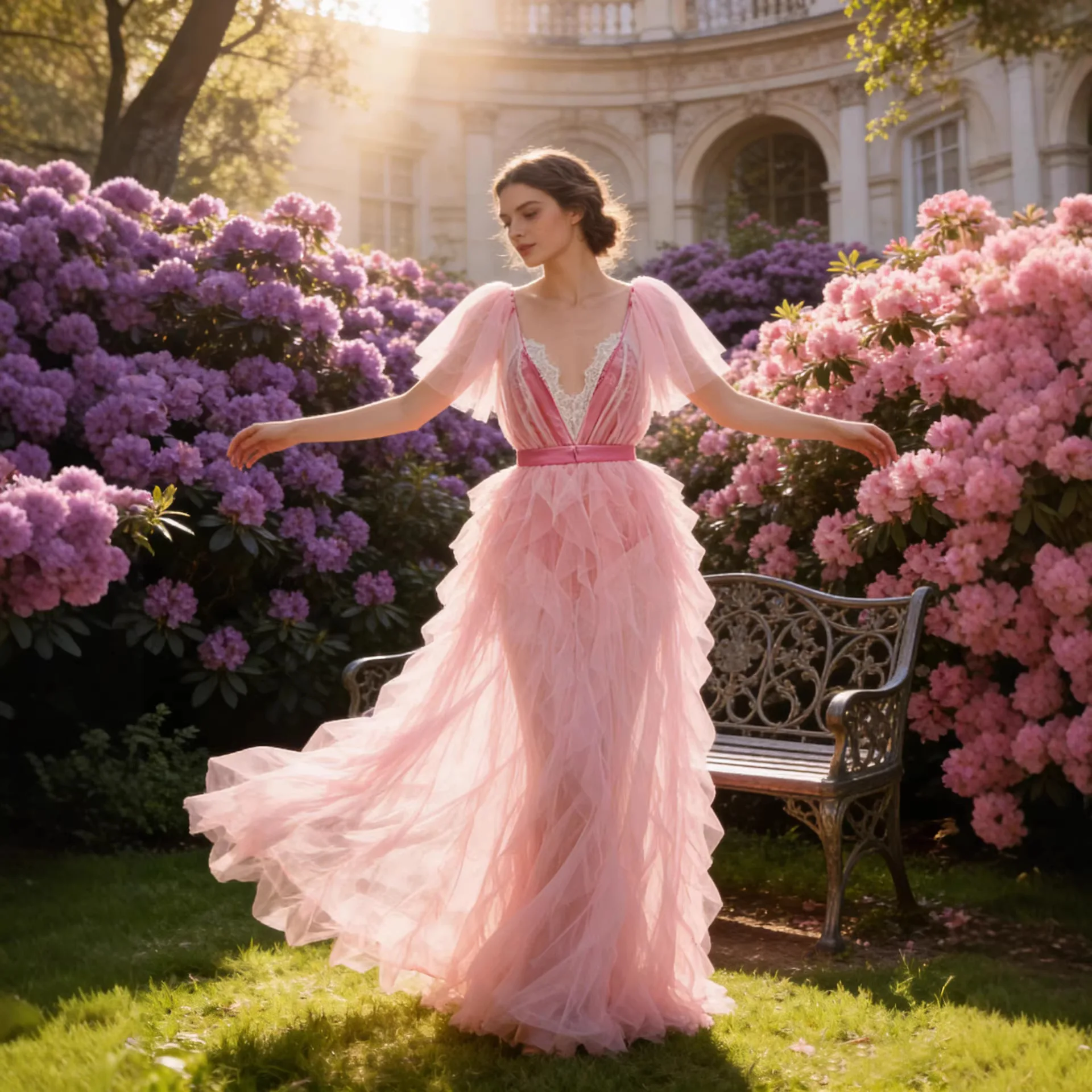 

Pink Lace Long Dress with Pleated V-neck High Waist Spring Summer Casual Women's Clothing Wind Lady Style F1450