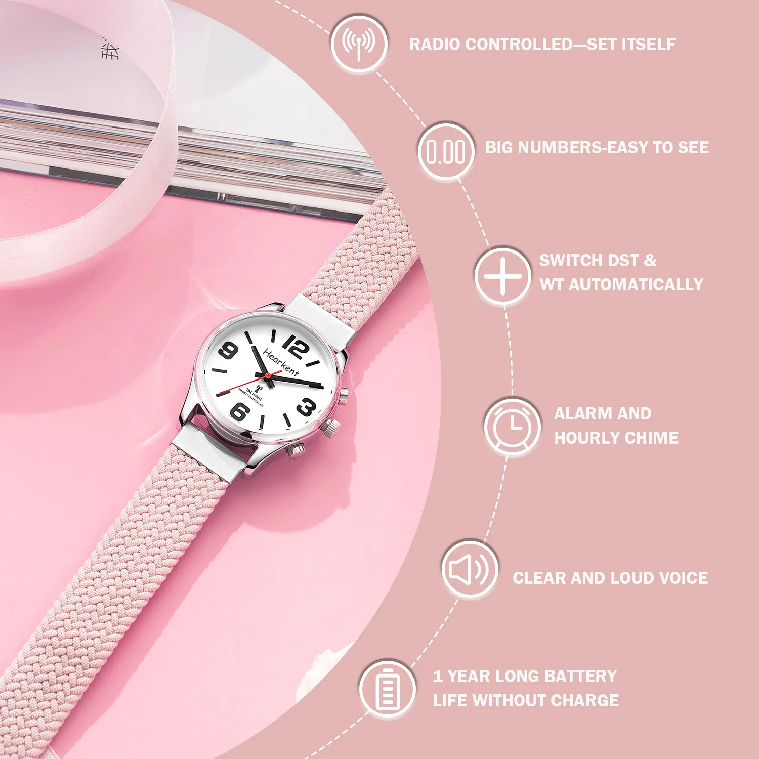 Hearkent-reloj parlante en inglés para mujer, carillón de hora para personas con discapacidad visual o personas mayores, correa de nailon, relojes de cuarzo con alarma