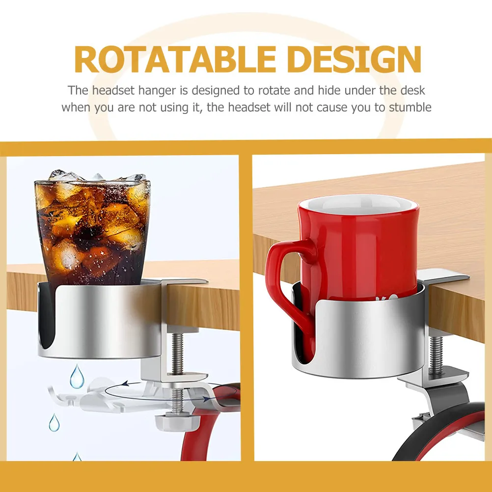 Multipurpose Desk Edge Headphone Hanger and Cup Holder Adjustable Clip Rotatable Headset Stand for Gaming Pc Workstation