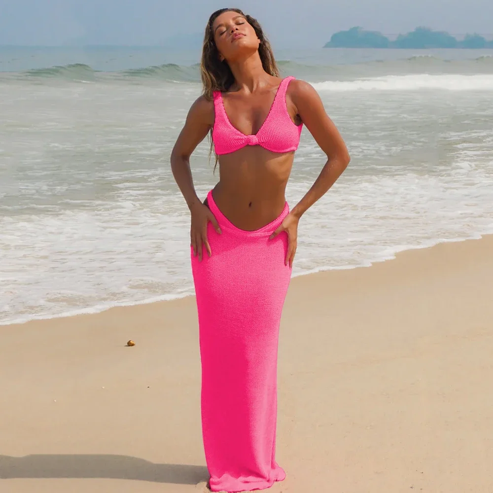 Sexy 3-teiliges Bikini-Set 2024 Sommer Strandkleidung Dreieck Micro Bikinis Badeanzug mit Strandrock Bademode Cover-up Biquini