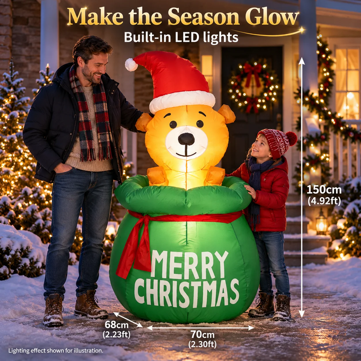 Christmas Inflatable Bear in Green Gift Bag with LED Lights Indoor Outdoor Yard Garden Decoration Xmas Holiday Party Prop Decor