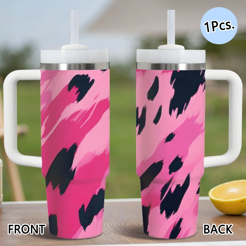 Pink Black Leopard Print Vacuum Flasks 40oz Stainless Steel Insulated Tumbler With Handle & Straw Leakproof Travel Mug