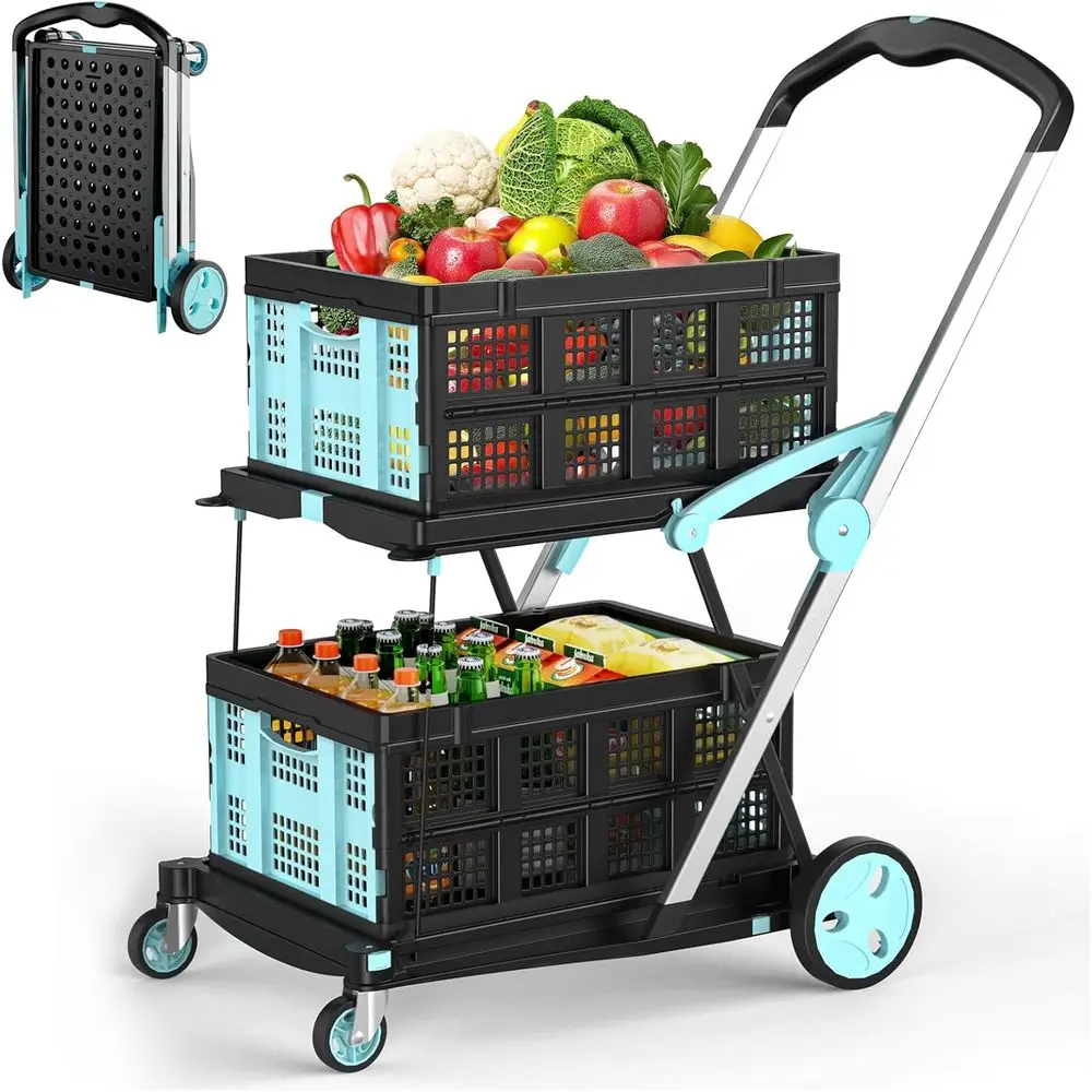 Carrito de compras, carrito de supermercado con capacidad de 200 libras sobre ruedas con dos cajas plegables Carros plegables resistentes con freno de pie f