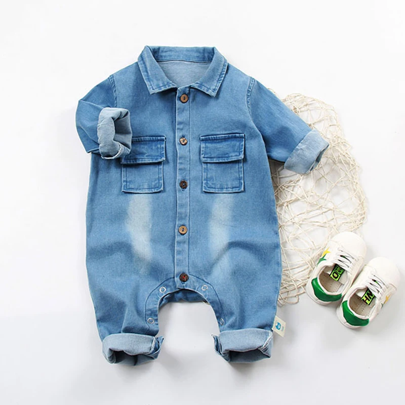 1 Pcs Baby Denim Clothes Long Sleeves Giraffe Print Jumpsuit