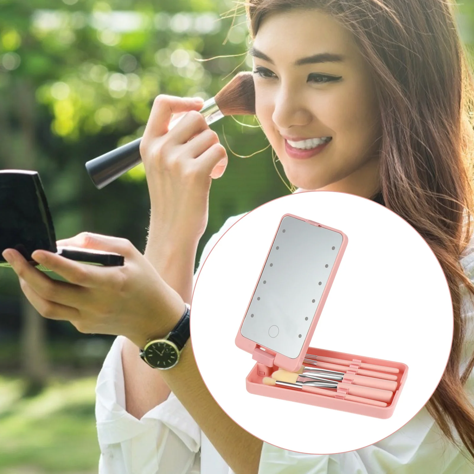 

Folding LED Makeup Mirror Black Travel Vanity Bench Brush Storage Magnifying Glasses LEDmirror makeupmirror
