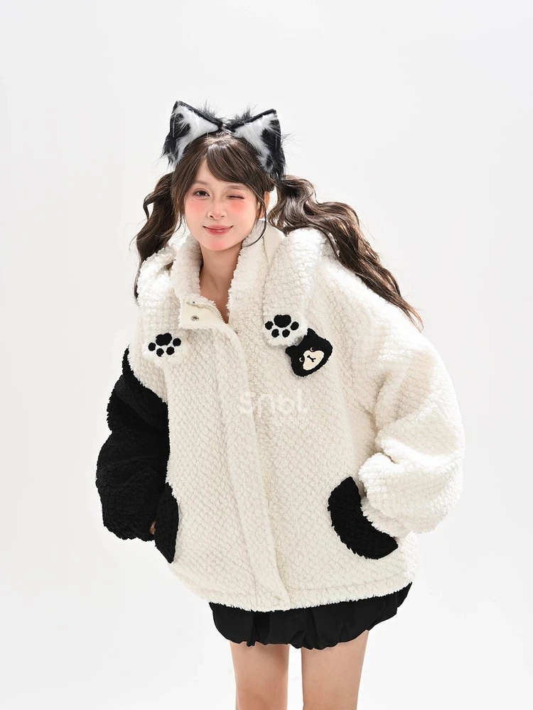 Original Sweet Girl Little Cat Embroidery Fleeced Thick Women's Winter Jackets Coat Loose Casual Zipper Warm Hoodies Sweatshirts