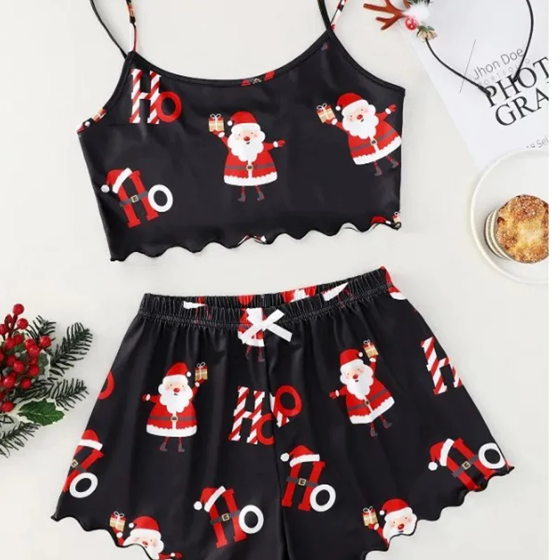 Christmas Pajamas Set New Women\'s Sleeveless Undershirt Shorts Homewear Two-piece Thin Pajamas Christmas Pajama Par