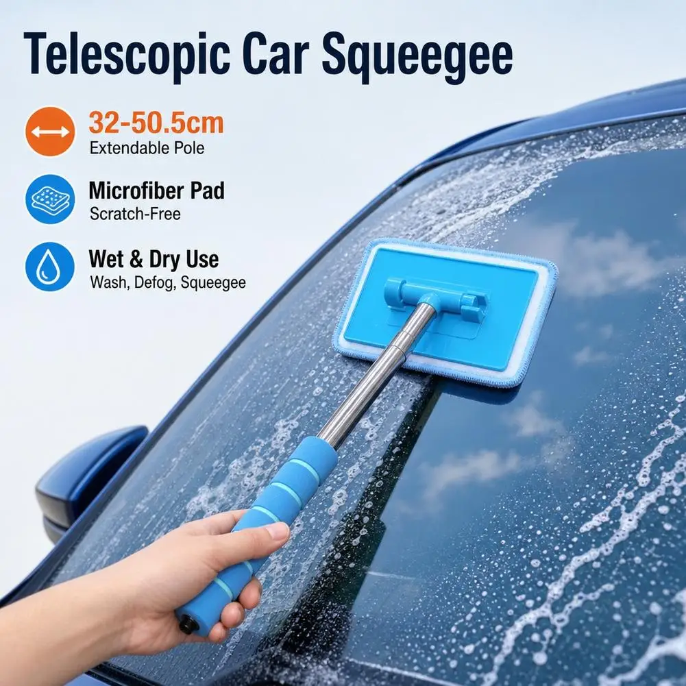 Telescopic Car Windshield Cleaner Tool Extendable Window Squeegee and Microfiber Washer with Non-Slip Grip for Fast Defogging