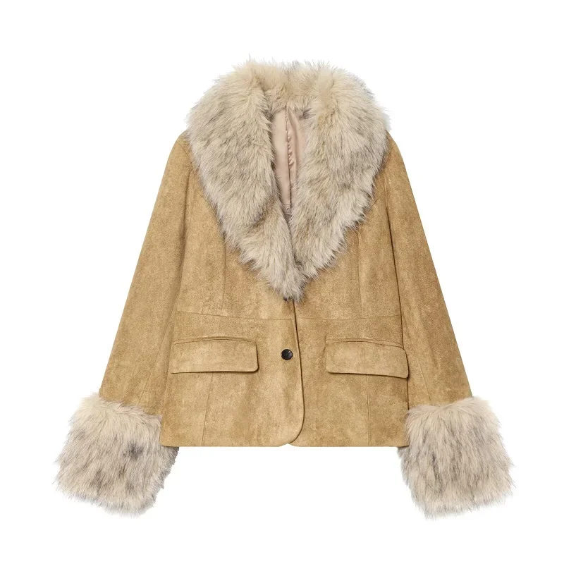 HXAO Faux Fur Blazers For Woman Jacket Fitted Faux Leather Suede Jacket Women Cropped Winter Elegant Women's Tailoring Blazer