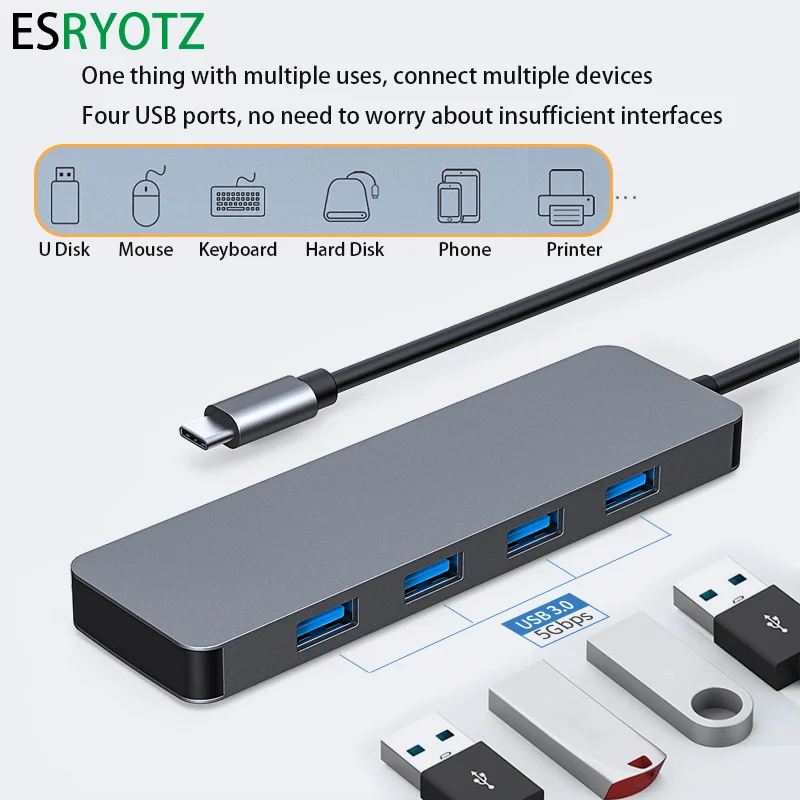 

USB 3.0 Hub 4 In 1 Dcoking Station 5Gbps High Speed 4 Usb Ports Usb Type C Adapter Aluminum alloy for Laptop Accessories Gaming