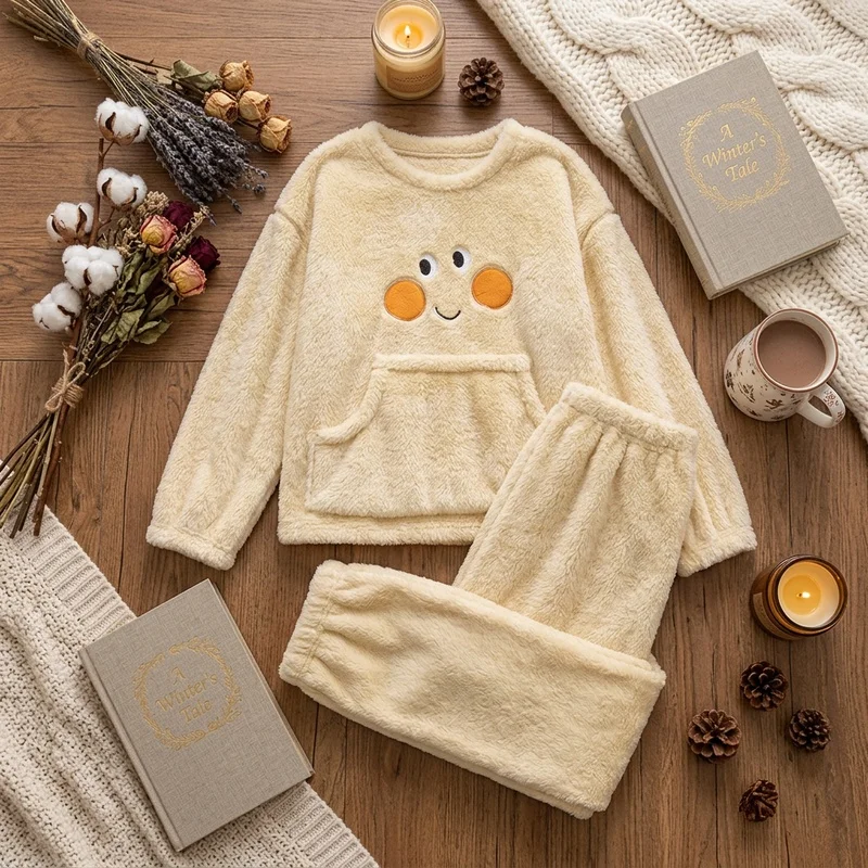 Women's Yellow Coral Fleece Pajama Set, Smiley Face Pocket Top and Long Pants, Cozy Winter Loungewear Soft Warm Breathable Comfy