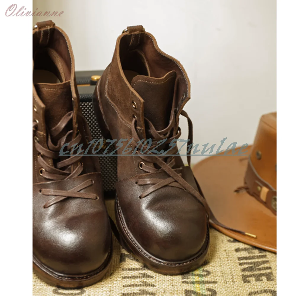 

American Retro Style Chunky Leather Work Boots Lace-up Handmade Short Boots for men Thick Sole Men Shoes 2026 Zapatillas Mujer