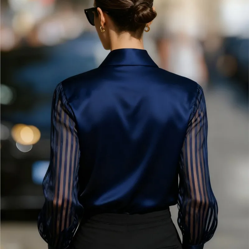 2026년 가을 여성용 긴팔 새틴 셔츠, 패셔너블하고 우아한 턴다운 칼라 루즈핏 시스루 스플라이스 블라우스 및 탑