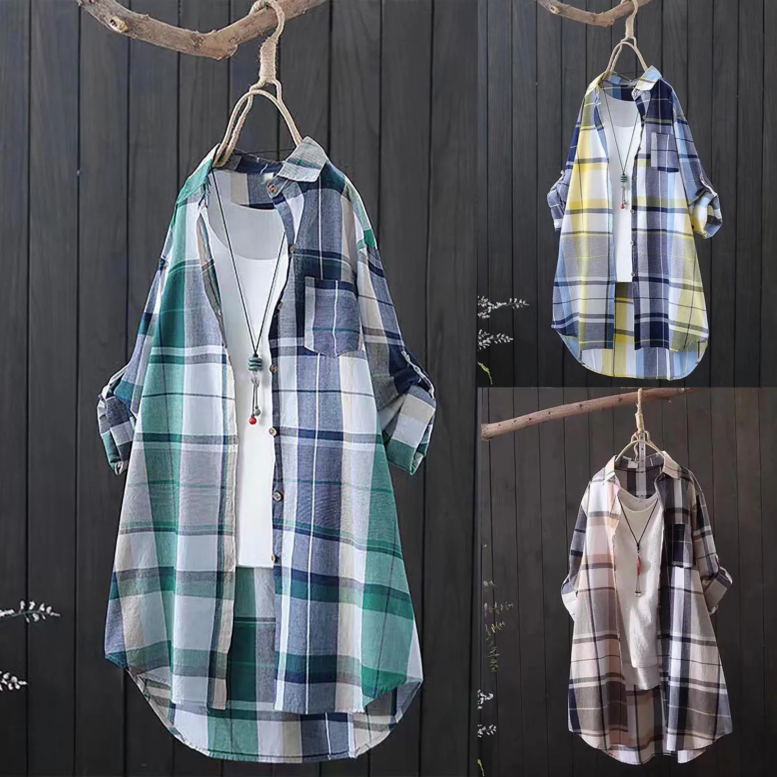 Women'S Casual Fashion Mid-Length Shirt Plaid Lapel Loose Button Cardigan Thin Jacket Shirt Top Suitable For Spring And Autumn