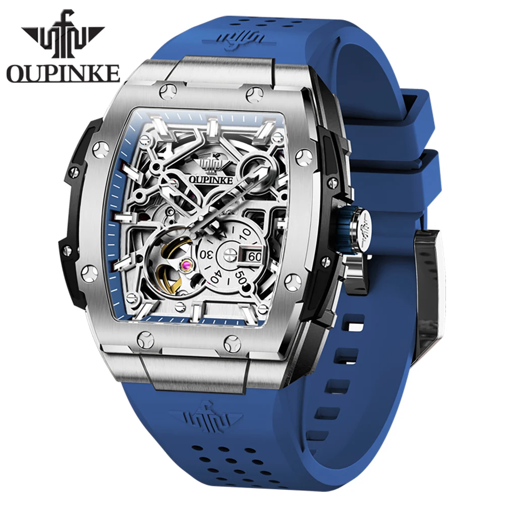 OUPINKE Men's Watches Top Brand Original Hollow Out Automatic Mechanical Wristwatch Silicone Strap Independent Second Hand Dial