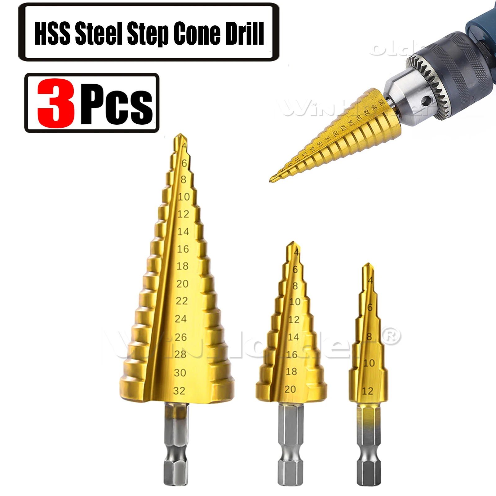 3Pcs Large HSS Steel Step Cone Drill Titanium Bit Set Hole Cutter 4-12 20 32mm  Pouch