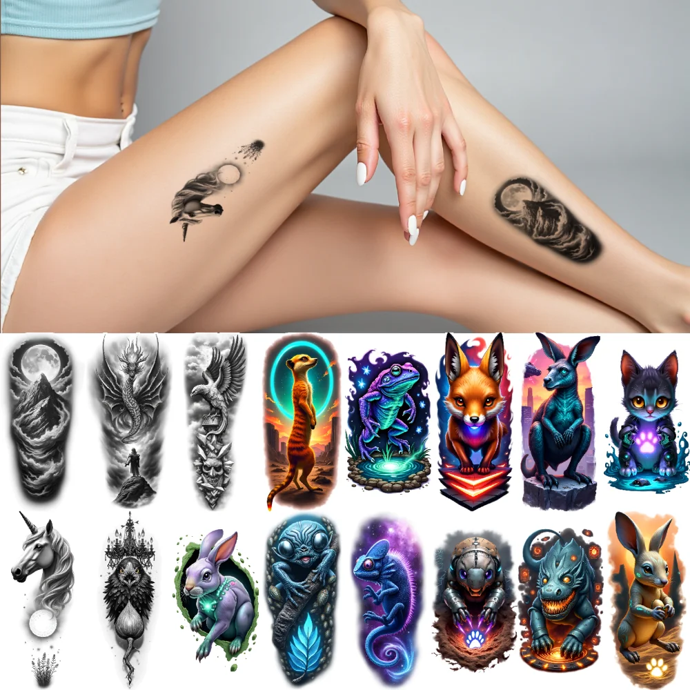 

12pcs Temporary Tattoo Cat Realistic Temporary Tattoos Dragon Phoenix Waterproof Long-lasting Body Stickers Frog For Male