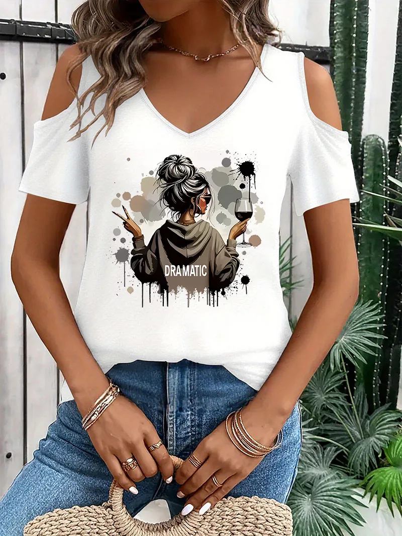 Hip Hop Dramatic Girl Print Off-Shoulder V-Neck T-shirt Short Sleeve Graphic V Neck T Shirt Casual Top Tee Summer Women