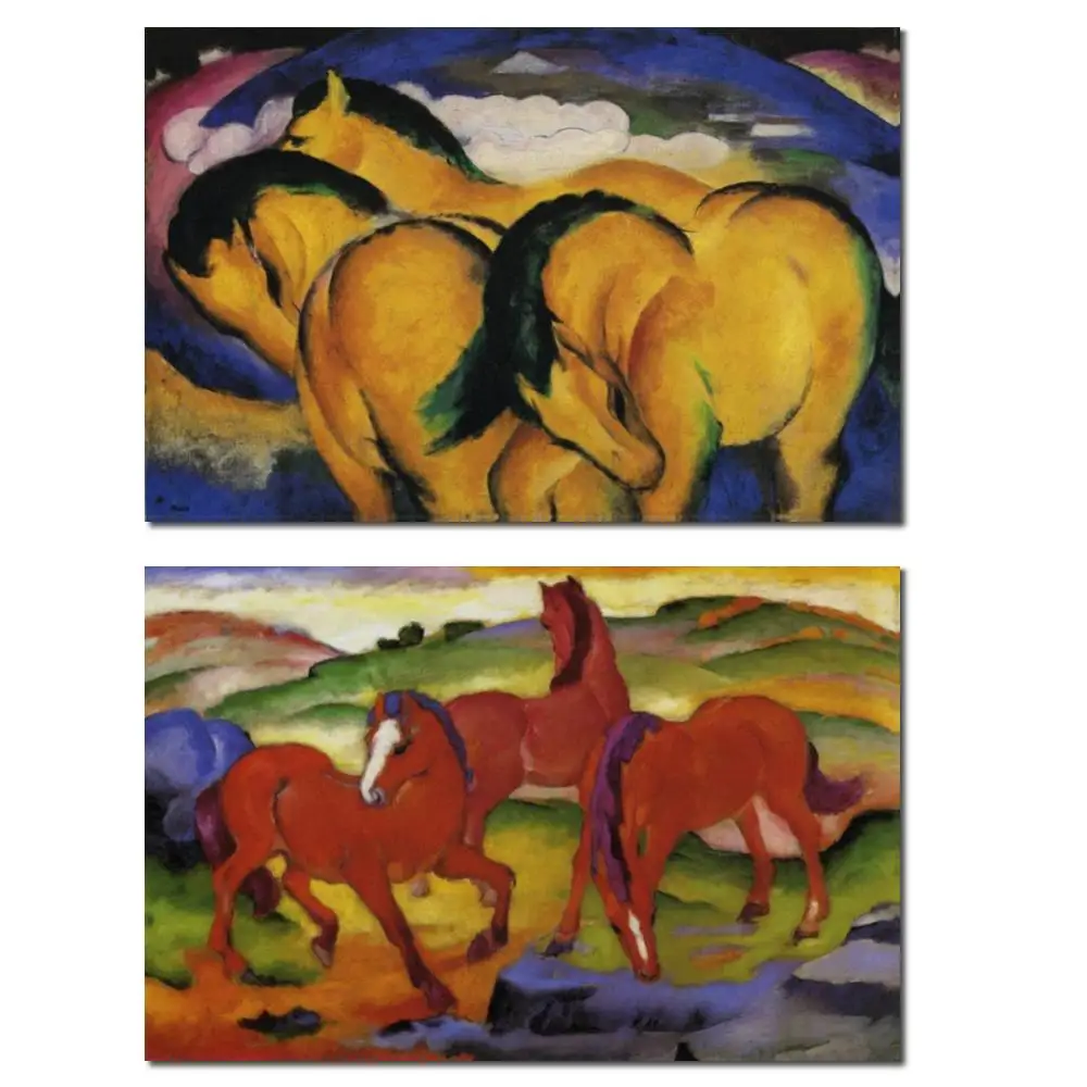 Pintura pintada a mano en aceites, caballos de pastoreo, obra maestra roja Franz Marc, reproducción de ilustraciones en lienzo para decoración de pared de Pub