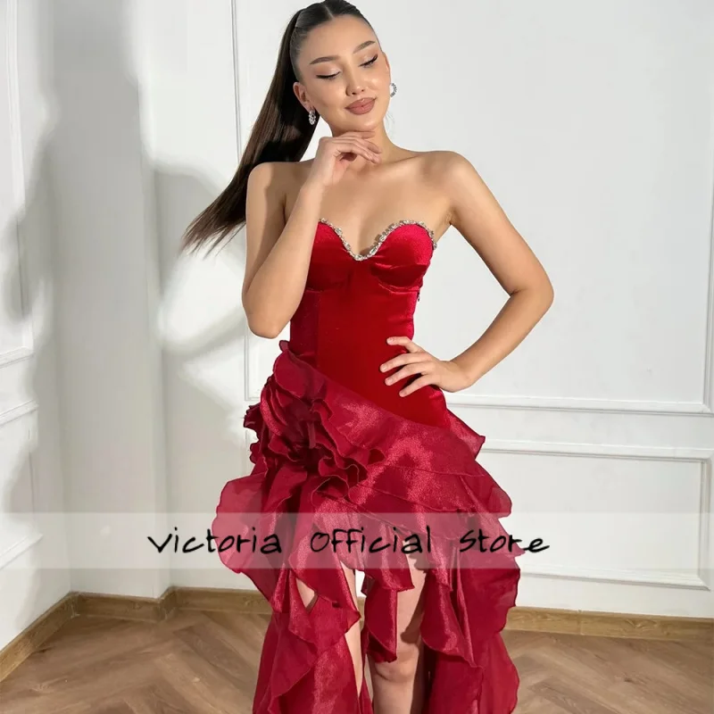 

Elegant Mermaid Strapless Sleeveless Red Crystal Dresses Formal Party Gowns for Women Flower Simple Prom Gown Customize