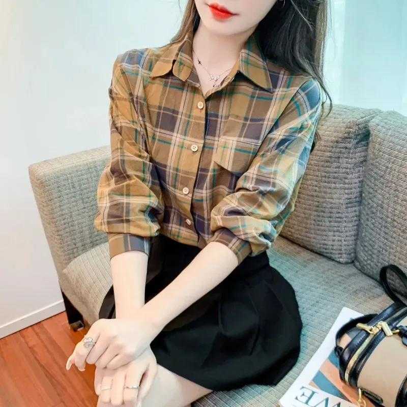 

Women's Brown Plaid Shirt Casual Button-Down Long-Sleeve Blouse