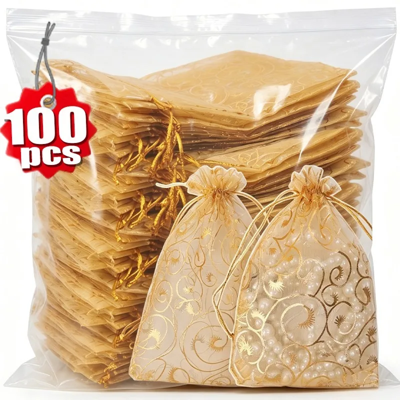 Golden Organza Mesh Drawstring Gift Bags Jewelry Rattan Pattern Pouches Wedding Party Couple Christmas Gifts Candy Storage Bags