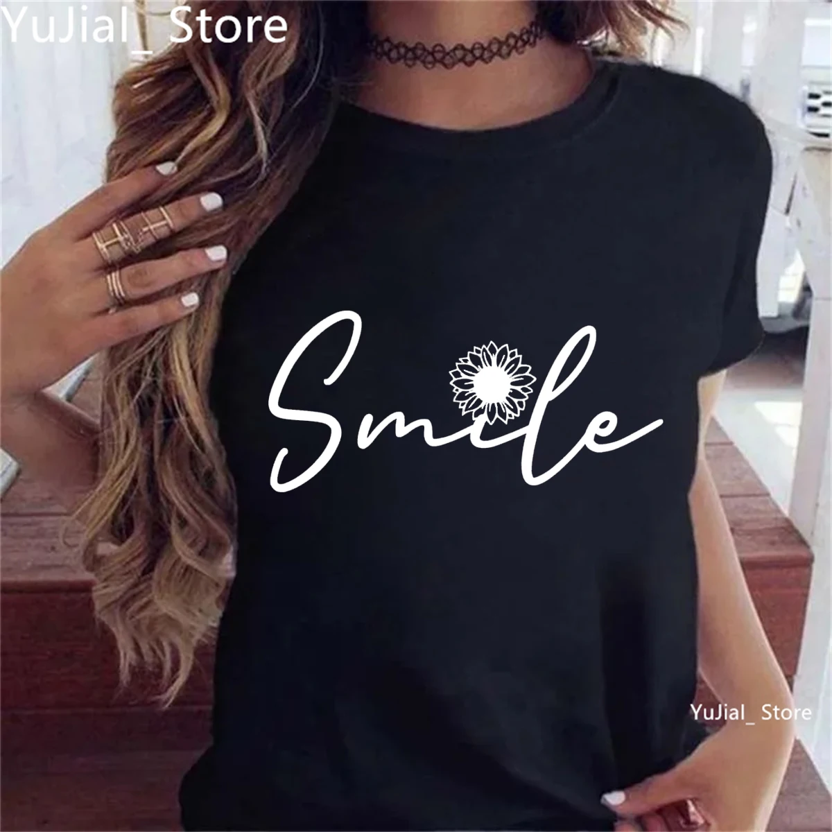 

Smile Flower Printe T Shirt Women Artistic Aesthetic Summer Tops Fashion Tshirt Femme White/Black/Pink/Gray T-Shirt Female
