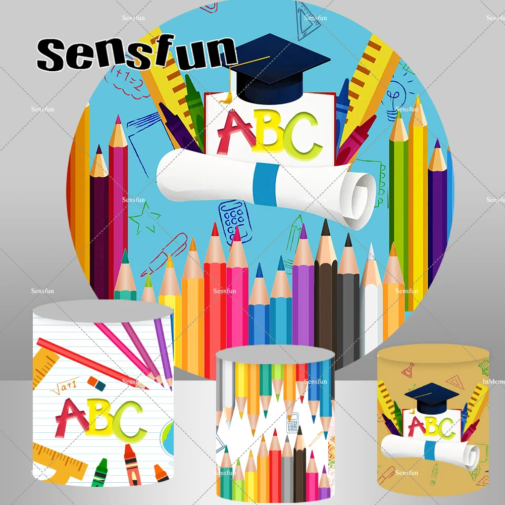 

Back To School Theme Round Backdrop Cover Cartoon Graduation Party Circle Background Table Banner Pedestal Covers