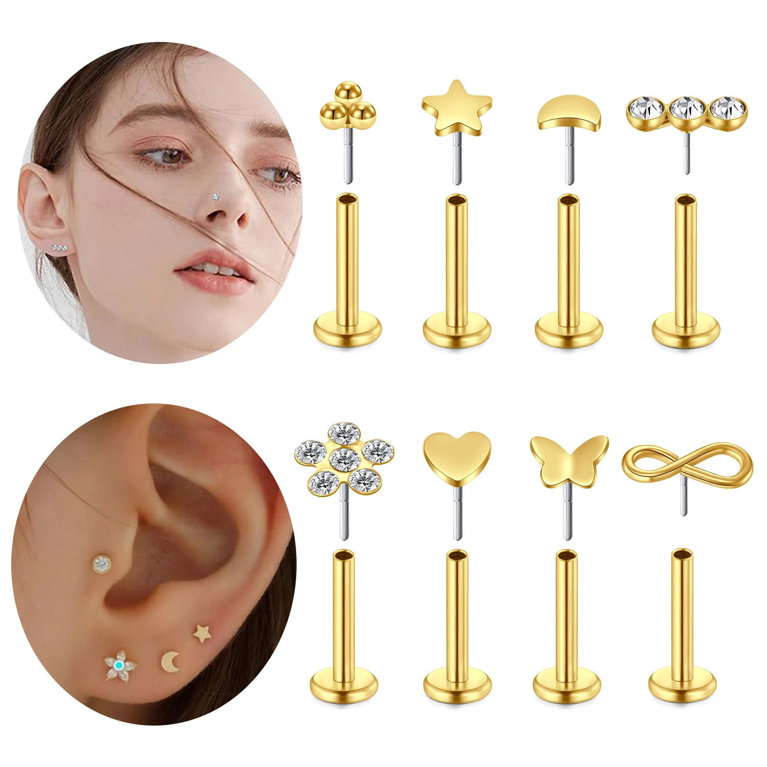 8PCS/SET 16G 18G Flat Back Insert Rod Earstuds, Lip Nails, Stainless Steel Piercing Jewelry Set, Holiday Gift 6mm 8mm