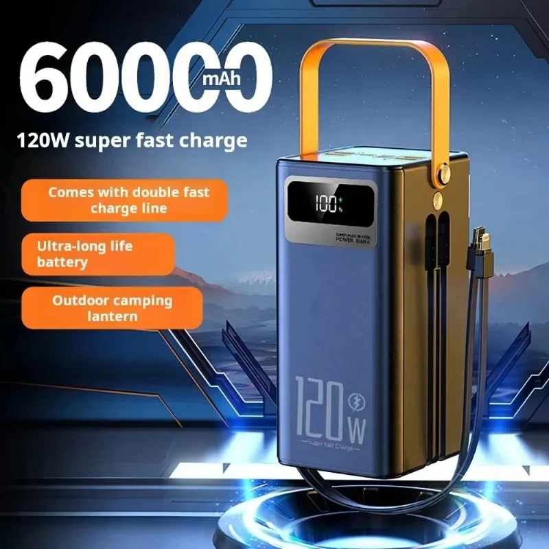 

120 Вт, 60000 мАч, внешний аккумулятор, быстрая зарядка, двухпроводной внешний аккумулятор с фонариком на открытом воздухе для Huawei Xiaomi IPhone