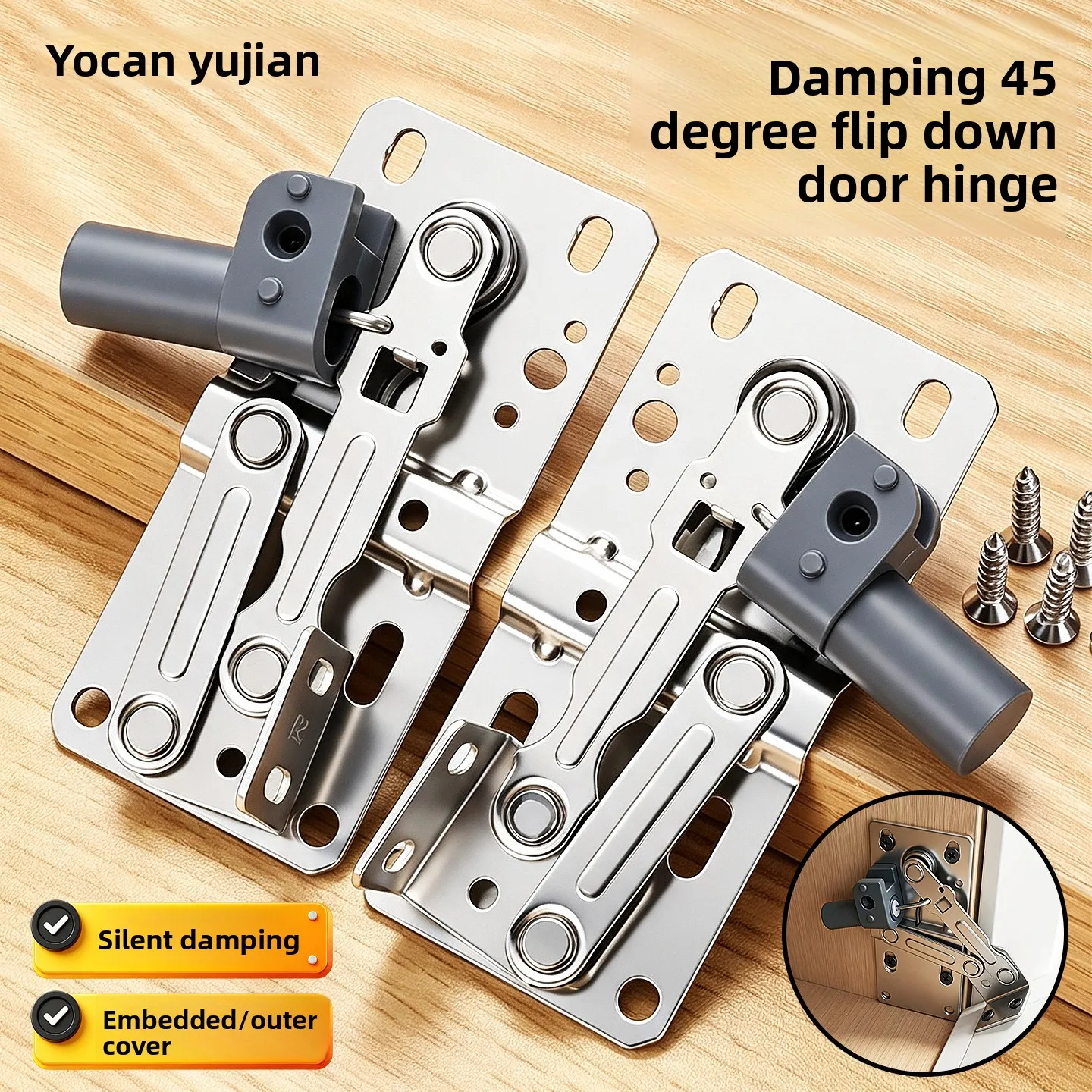 45° Drop-Down Door Buffer Hinge for Wardrobe, Silent Soft-Close Rebound Concealed Overlay Cabinet Hinge, Iron+ABS, 1 Pair