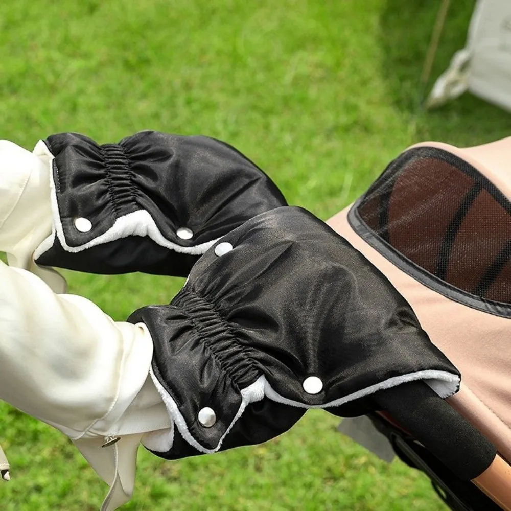 1 Pair Thickened Winter Stroller Gloves Soft Velvet Waterproof Handrail Gloves Windproof Black Color Stroller Mitten