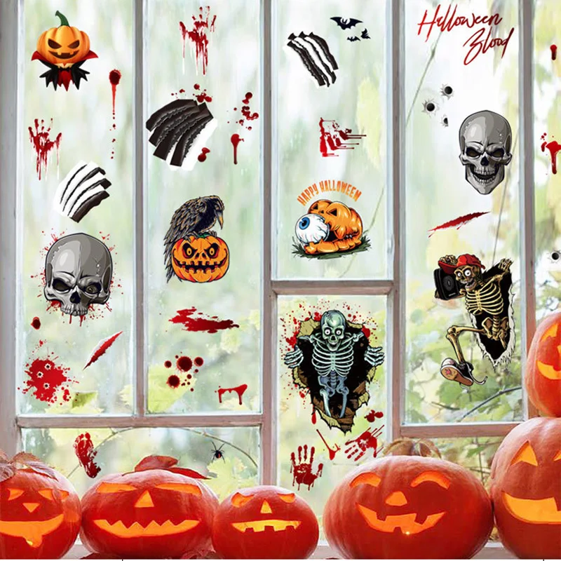 Halloween Static Stickers Holiday Window Glass Scene Layout Blood Print Skeleton Decoration Small Stickers