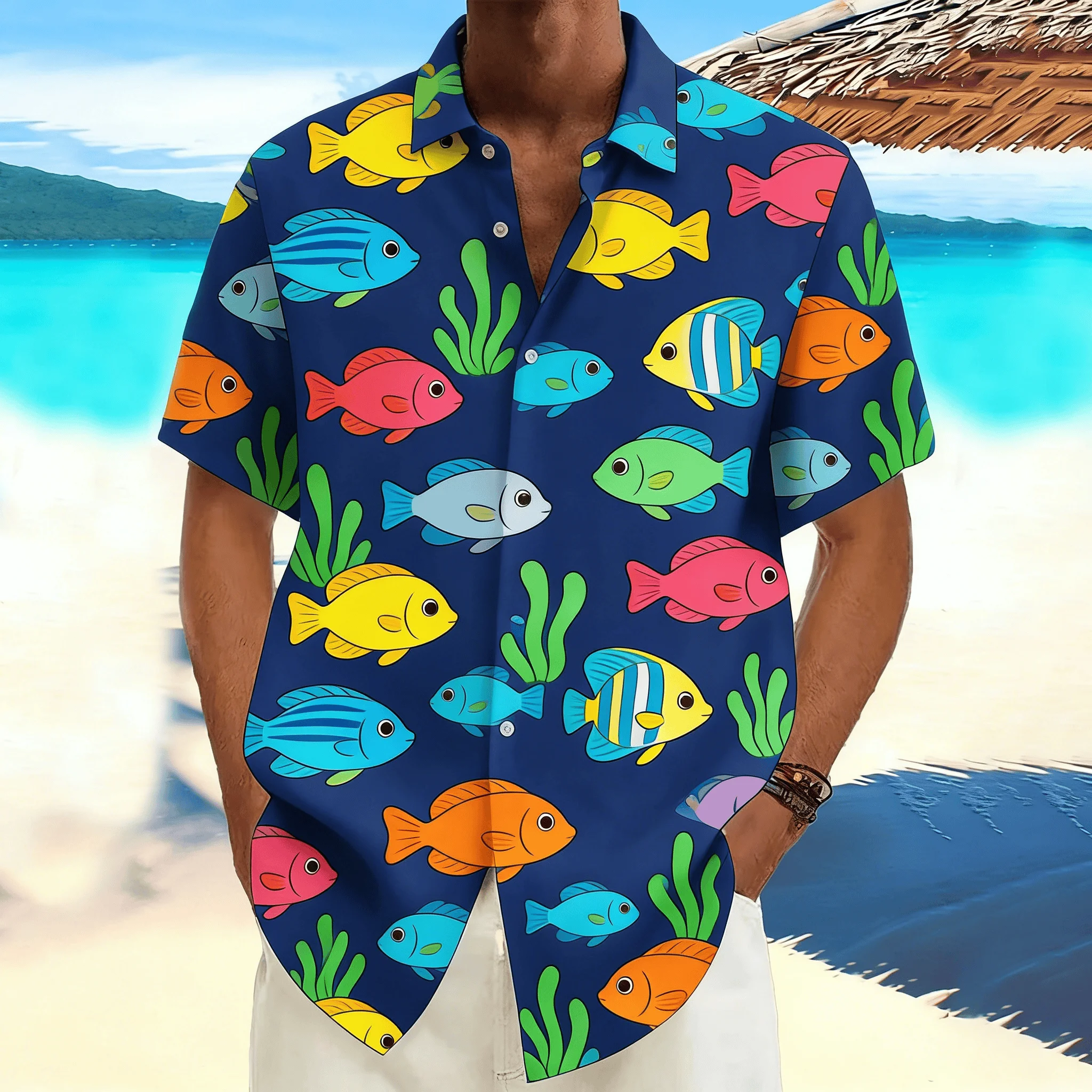 

Men's Navy Floral Print Short Sleeve Shirt, Pink Tropical Flower Pattern Button Down for Spring Summer Vacation