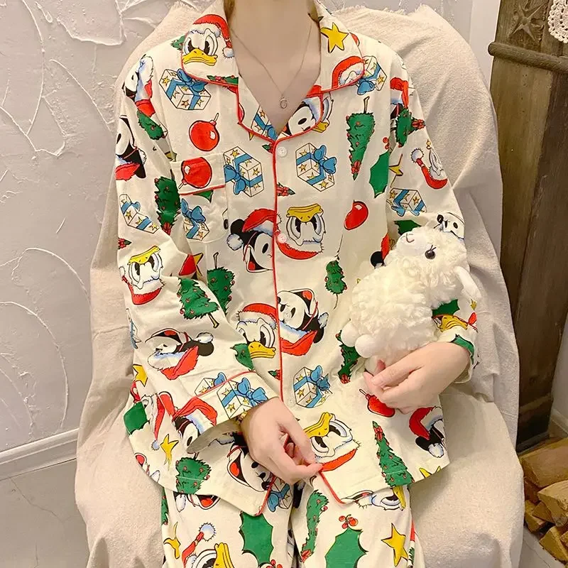 Disney Christmas Mickey Pajamas 2 Piece Set Women Long Sleeve Top Shirts Loose Trousers Sleepwear Cartoon Trend Home ClothesGift