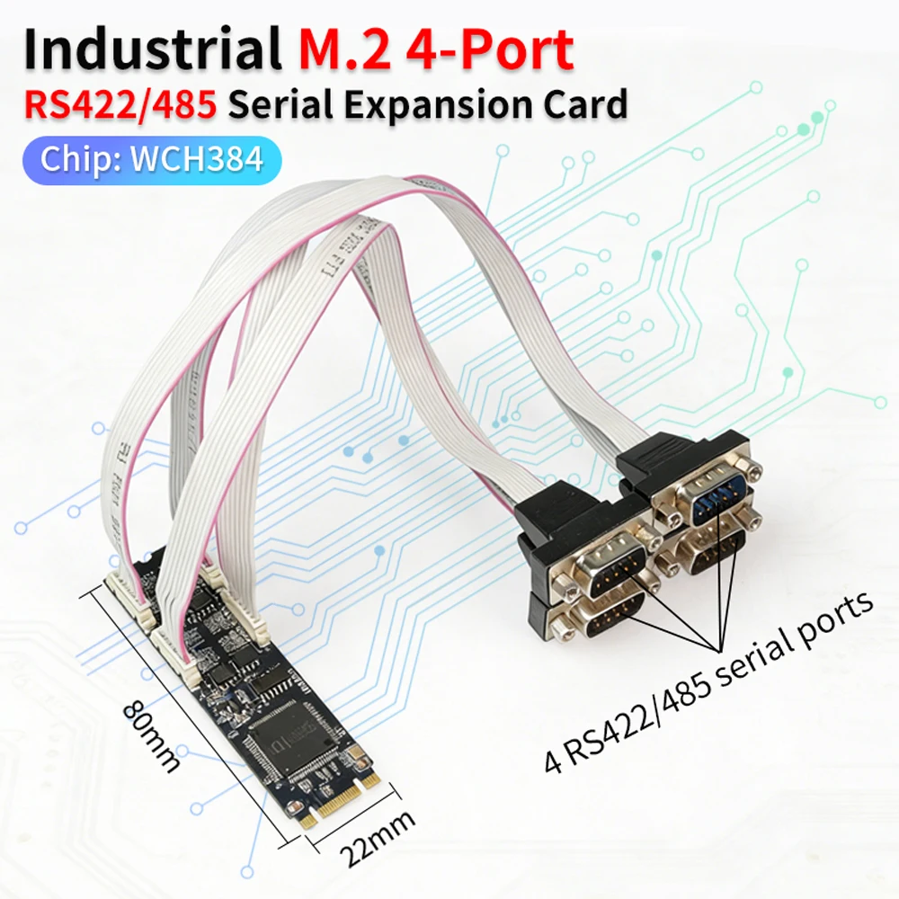 Lekuo 4 Port RS485 RS422 Serial Card M.2 B+M Key Industrial WCH384 UART Converter for Embedded System Linux Windows