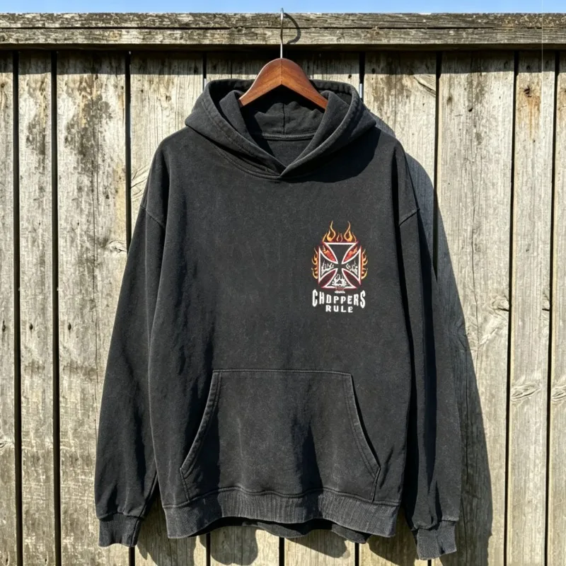 Double Sided Flame Cross Print Letter Logo West Coast Choppers Hoodie Black Washed Terry Hooded Sweatshirt Men Women Streetwear