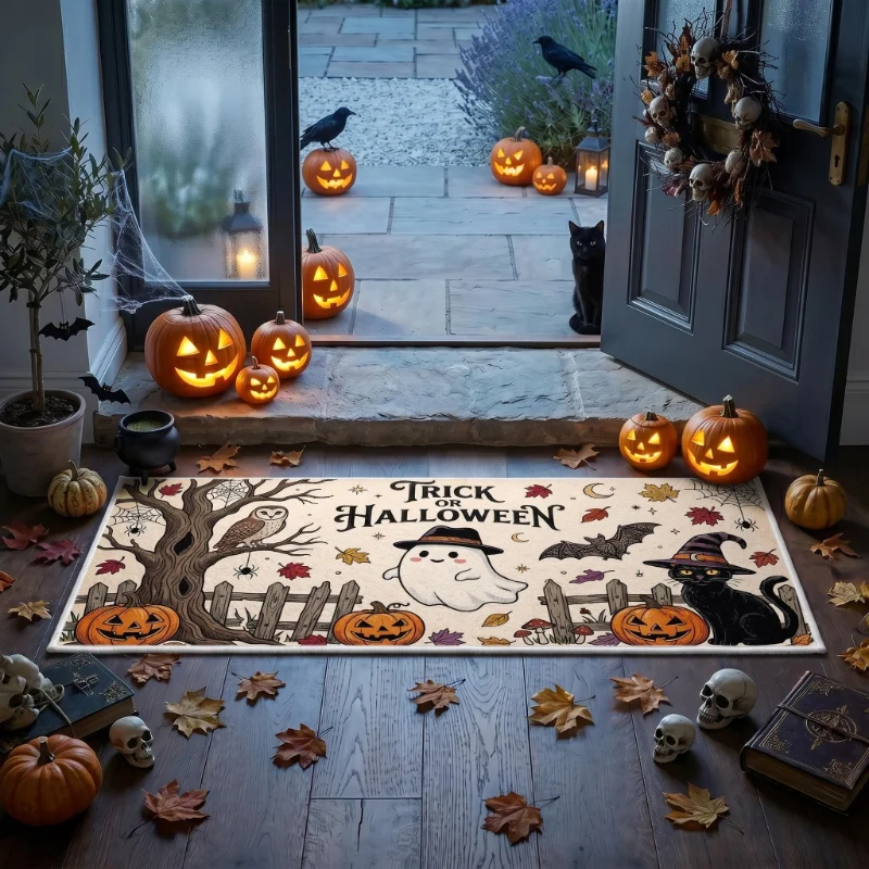 VIKAMA Halloween Black Cat Pumpkin Doormat Washable Non Slip Rug Indoor Outdoor Front Door Haunted House Holiday Home Decor
