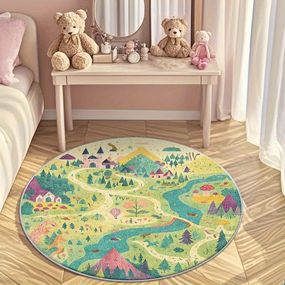 Round Whimsical Nature Landscape Rug for Kids Playroom Floor Mat Fantasy Forest Path Cottage Storybook Decor Soft Area Carpet fo